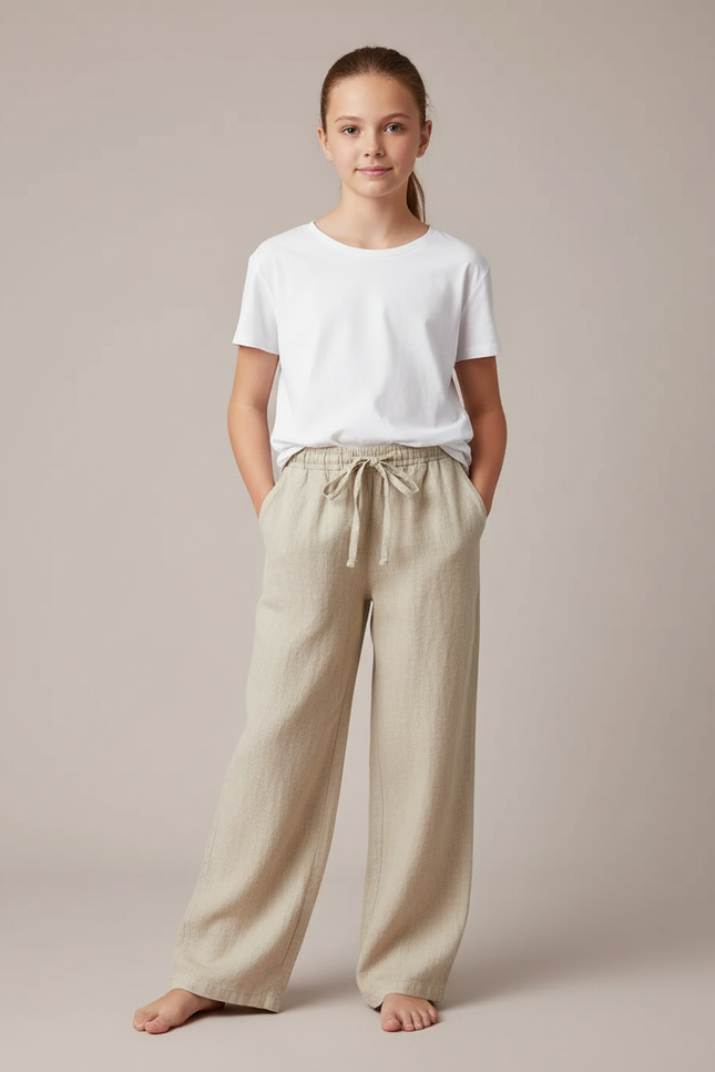 Pantalon Chino Beige Lin Droit Ample Confortable Fille