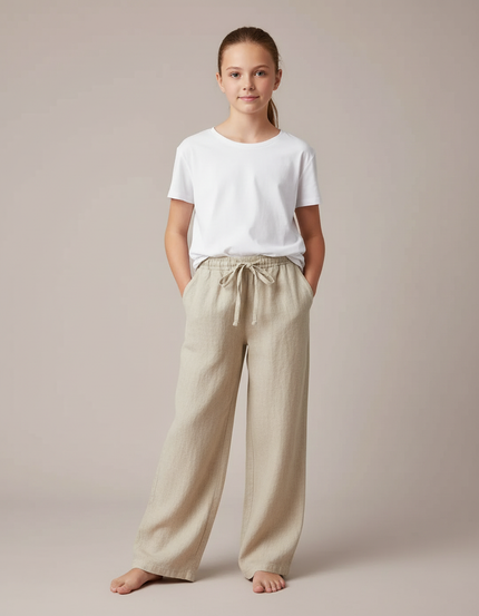 Pantalon Chino Beige Lin Droit Ample Confortable Fille