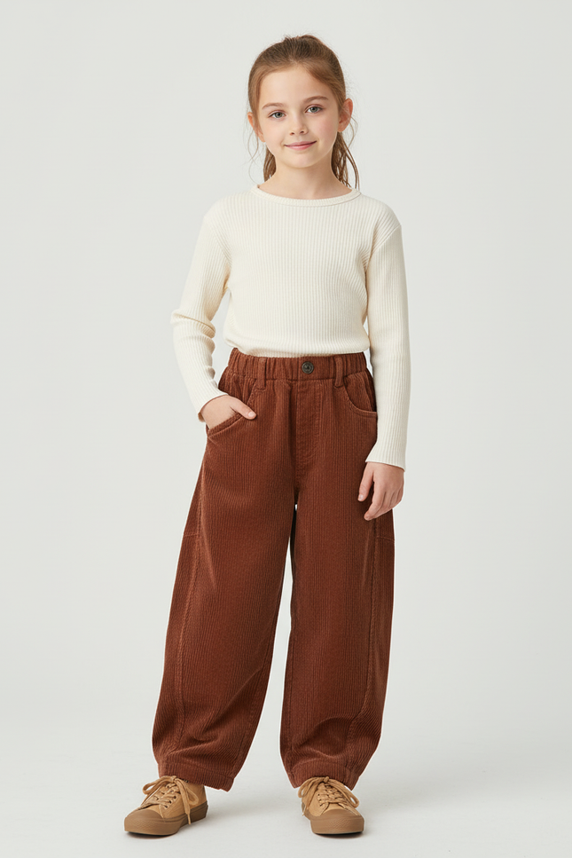Pantalon Chino Côtelé Marron Ample Décontracté Enfant - Cordé
