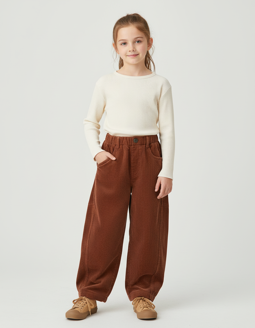 Pantalon Chino Côtelé Marron Ample Décontracté Enfant - Cordé