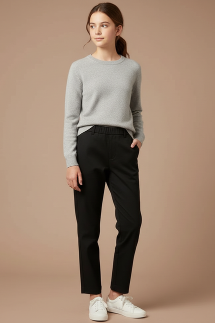 Pantalon Chino Noir Droit Taille Haute Décontracté - Polyester