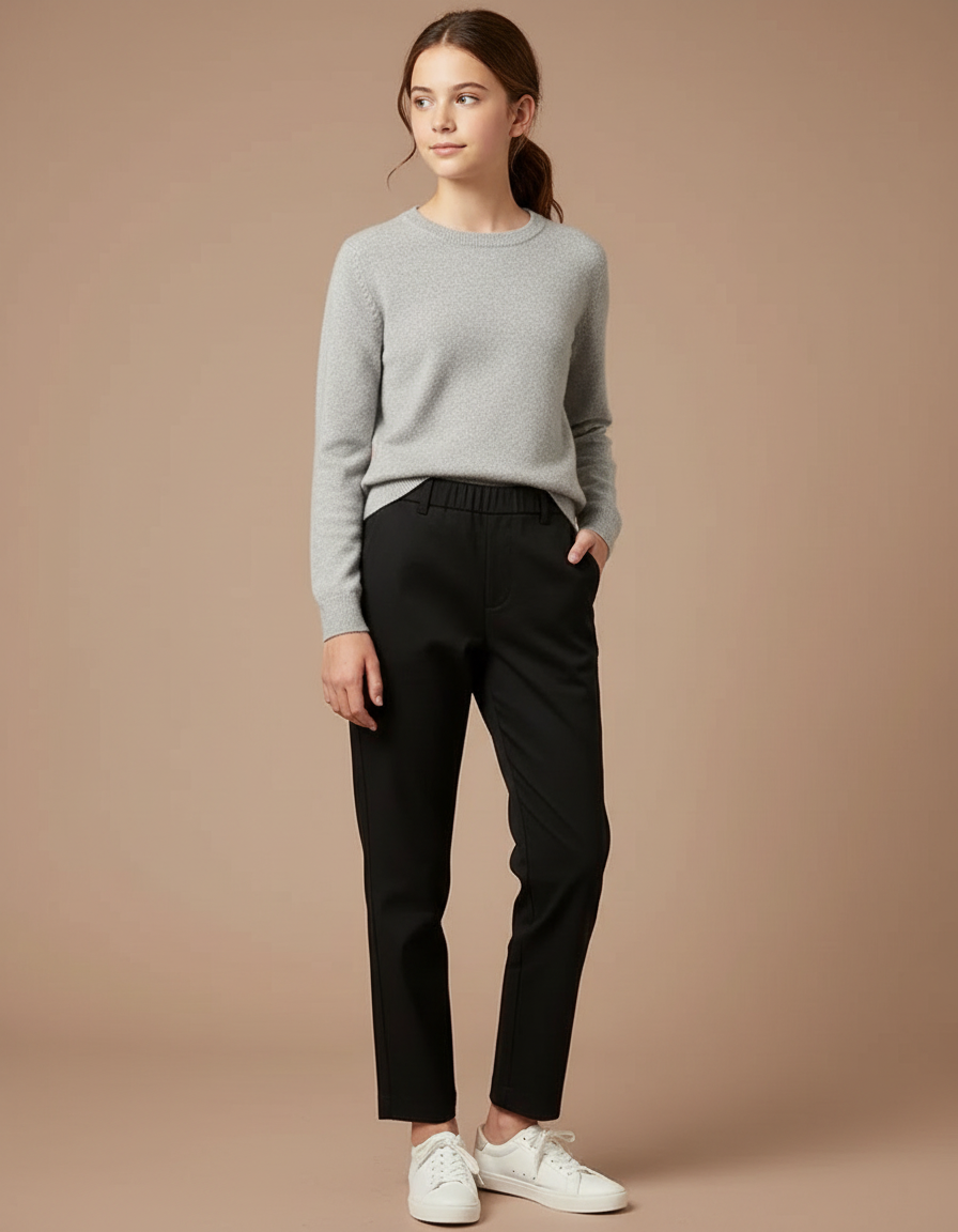 Pantalon Chino Noir Droit Taille Haute Décontracté - Polyester