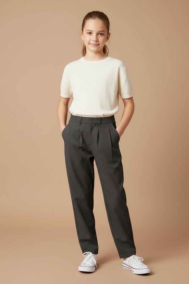 Pantalon Chino Gris Anthracite Plissé Droit Femme - Gabardine