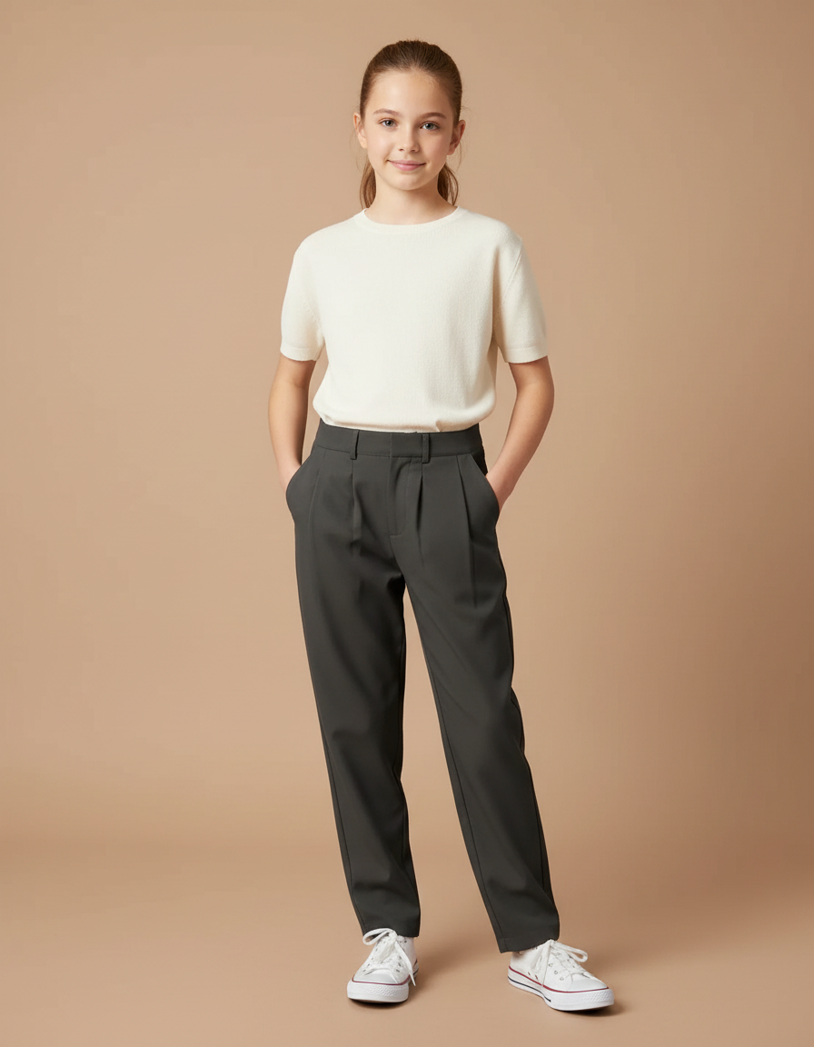 Pantalon Chino Gris Anthracite Plissé Droit Femme - Gabardine