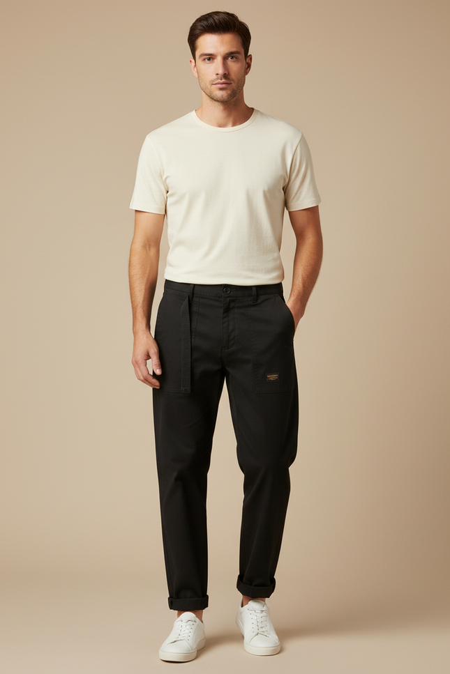 Pantalon Chino Noir Ample Coton Décontracté