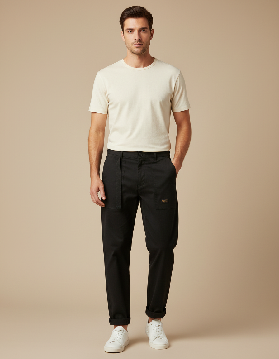 Pantalon Chino Noir Ample Coton Décontracté