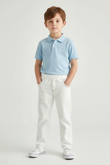 Pantalon Chino Blanc Coton Décontracté Enfant Surpiqûres