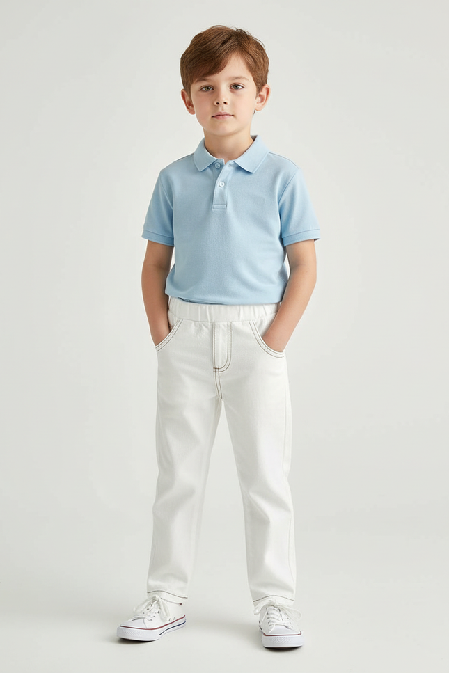 Pantalon Chino Blanc Coton Décontracté Enfant Surpiqûres