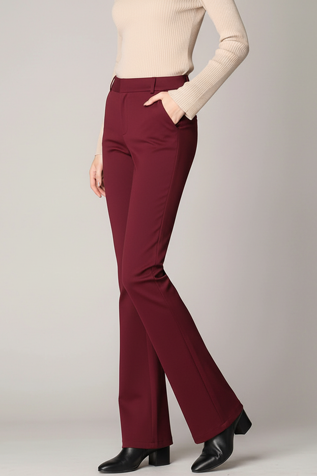 Pantalon Chino Bordeaux Évasé Taille Haute Élégant - Polyester