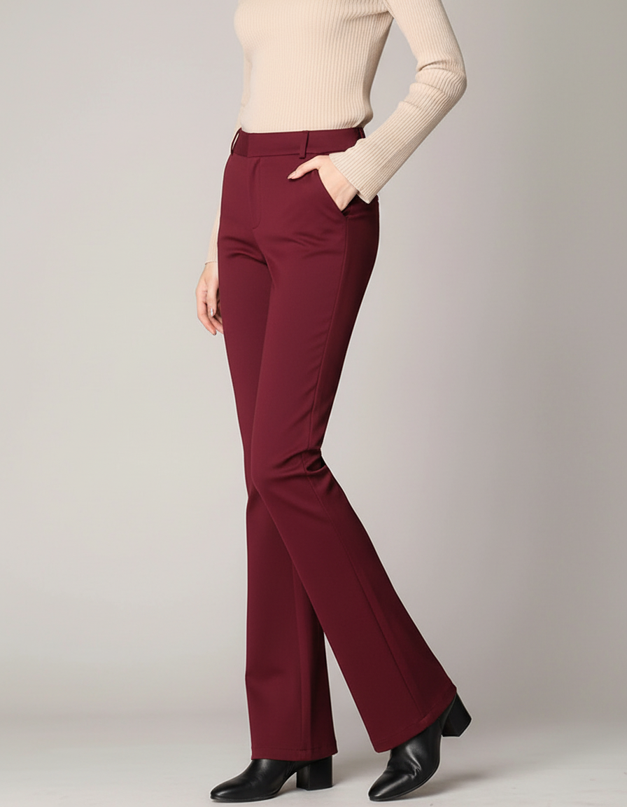 Pantalon Chino Bordeaux Évasé Taille Haute Élégant - Polyester