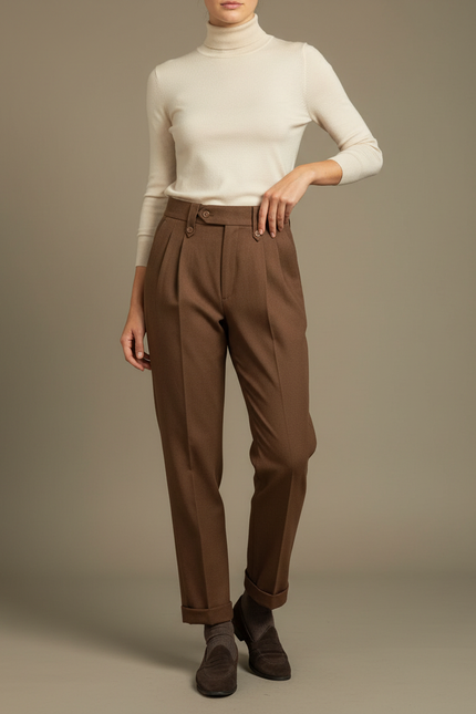 Pantalon Chino Marron Plissé Laine Élégant Femme