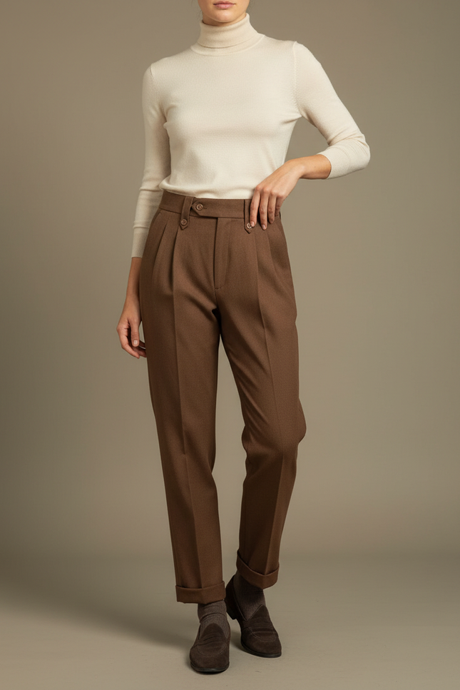 Pantalon Chino Marron Plissé Laine Élégant Femme