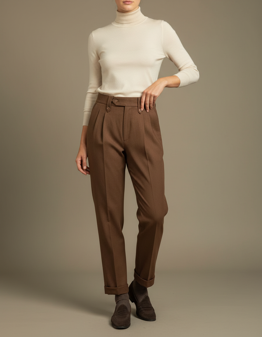 Pantalon Chino Marron Plissé Laine Élégant Femme