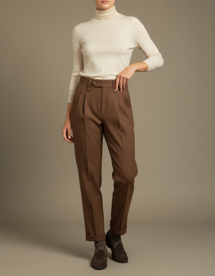 Pantalon Chino Marron Plissé Laine Élégant Femme