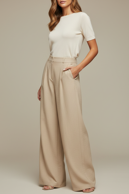 Pantalon Chino Beige Fluide Ample Élégant Femme - Viscose