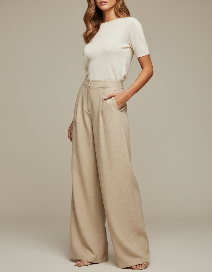 Pantalon Chino Beige Fluide Ample Élégant Femme - Viscose