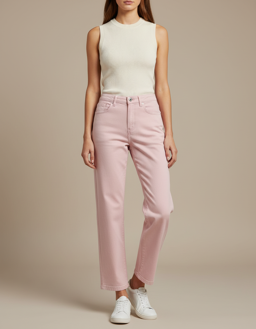 Pantalon Chino Rose Droit Taille Haute Décontracté - Jean