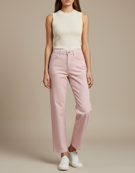 Pantalon Chino Rose Droit Taille Haute Décontracté - Jean