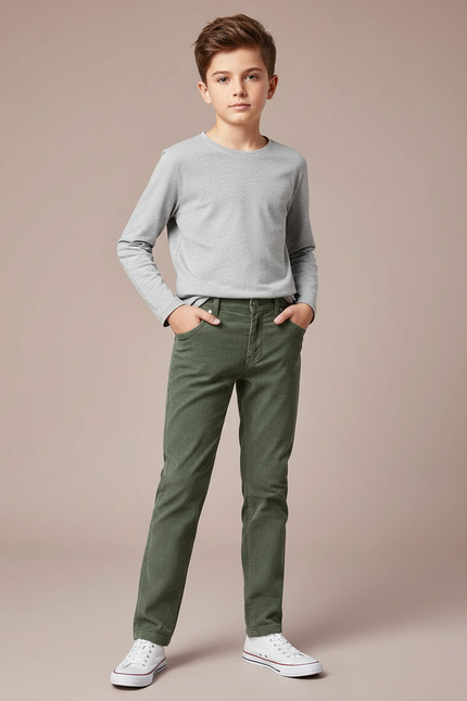 Pantalon Chino Vert Côtelé Droit Enfant Confortable - Kaki Cordé