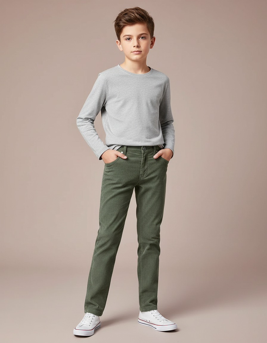 Pantalon Chino Vert Côtelé Droit Enfant Confortable - Kaki Cordé