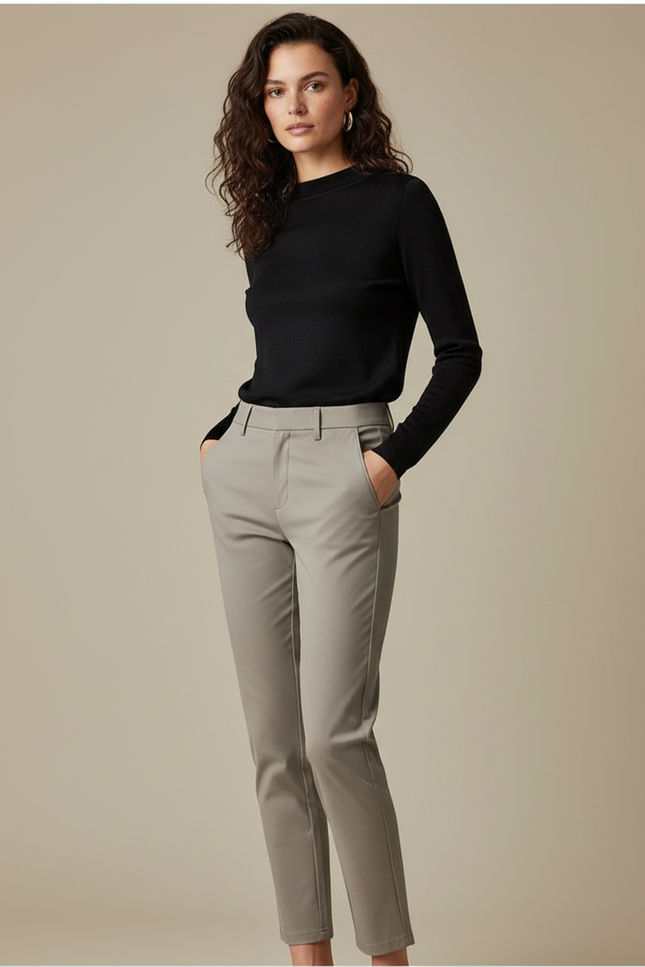Pantalon Chino Gris Clair Slim Élégant Femme - Gabardine