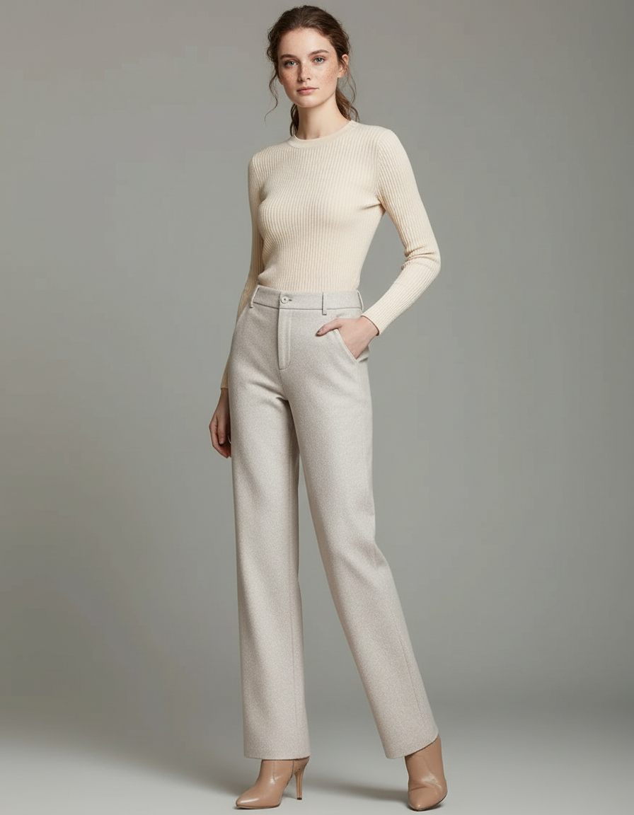 Pantalon Chino Beige Droit Élégant Tweed Femme