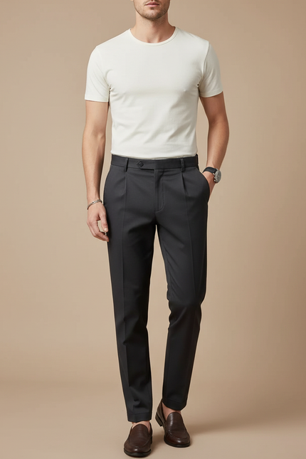 Pantalon Chino Gris Anthracite Plissé Élégant Homme - Gabardine