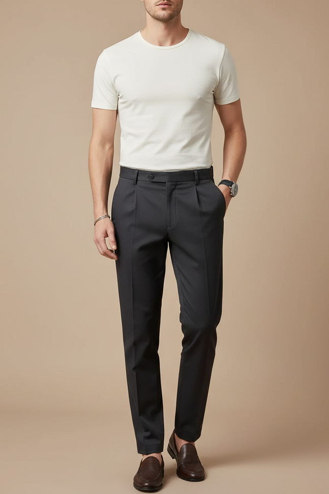 Pantalon Chino Gris Anthracite Plissé Élégant Homme - Gabardine