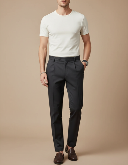 Pantalon Chino Gris Anthracite Plissé Élégant Homme - Gabardine