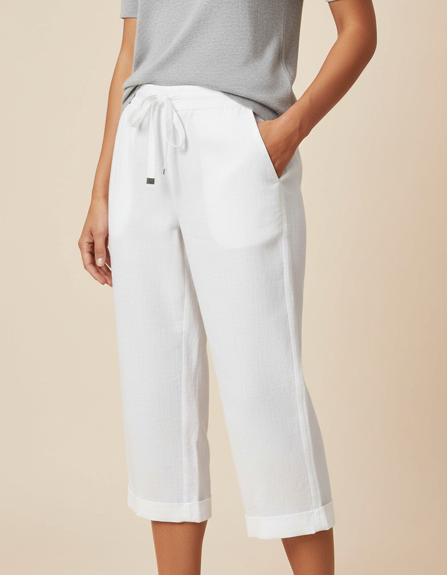 Pantalon Chino Blanc Lin Cordon Ample Décontracté