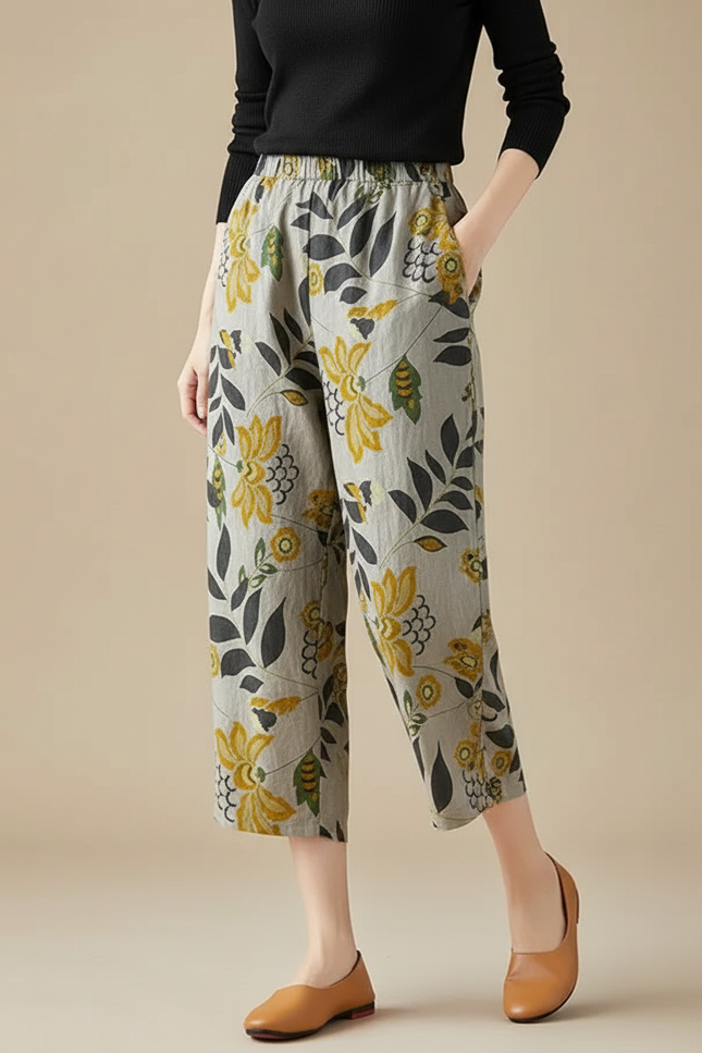 Pantalon Chino Gris Fleuri Ample Fluide Estival - Lin
