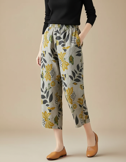 Pantalon Chino Gris Fleuri Ample Fluide Estival - Lin