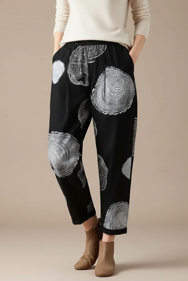Pantalon Chino Noir Ample Imprimé Coton Lin Fluide