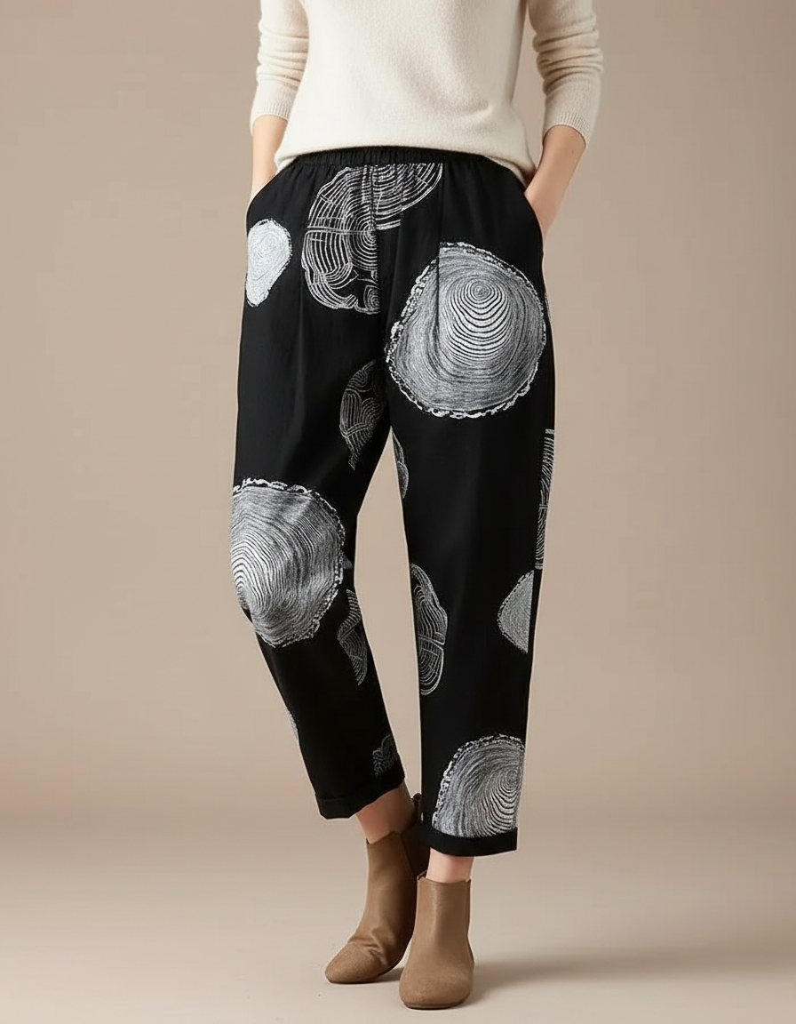 Pantalon Chino Noir Ample Imprimé Coton Lin Fluide