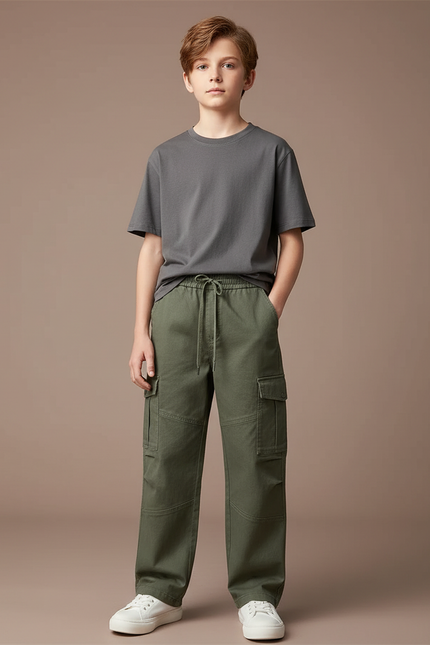 Pantalon Chino Vert Kaki Cargo Ample Garçon - Gabardine