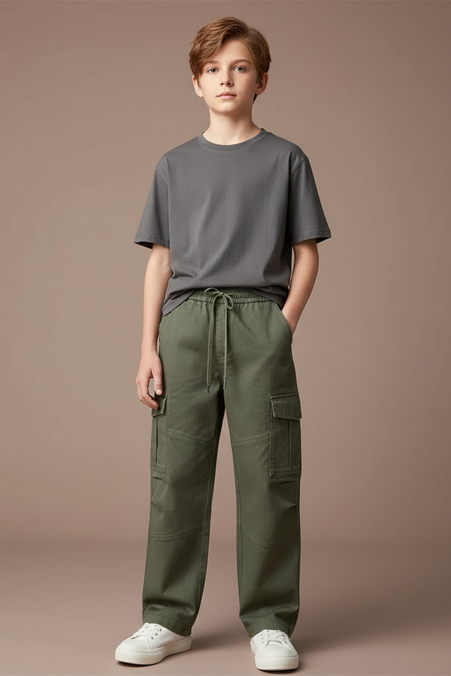 Pantalon Chino Vert Kaki Cargo Ample Garçon - Gabardine
