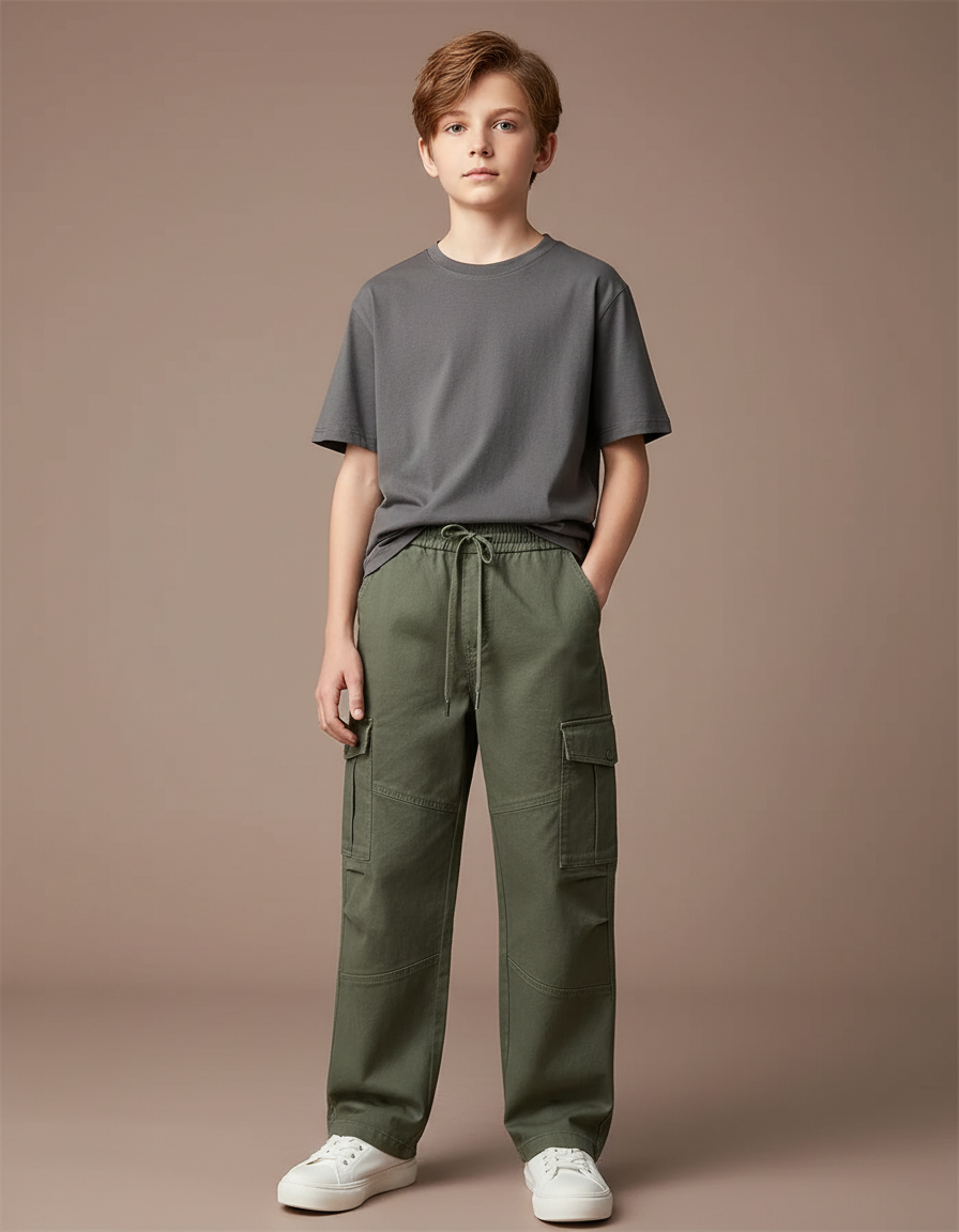 Pantalon Chino Vert Kaki Cargo Ample Garçon - Gabardine