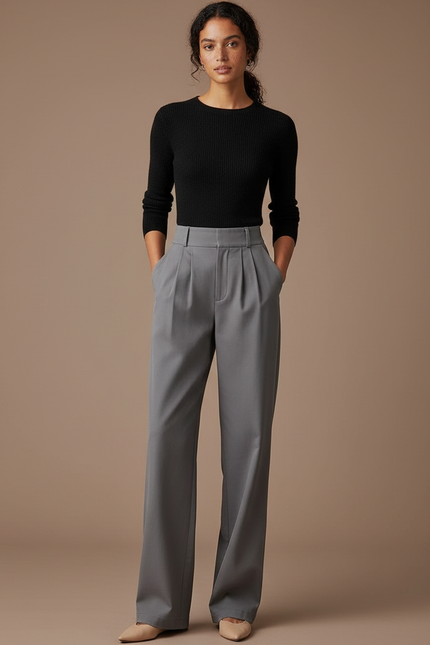 Pantalon Chino Gris Droit Taille Haute Élégant - Polyester
