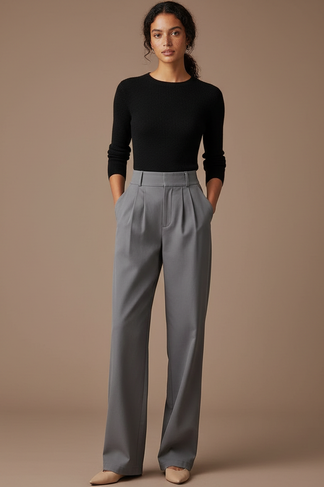 Pantalon Chino Gris Droit Taille Haute Élégant - Polyester