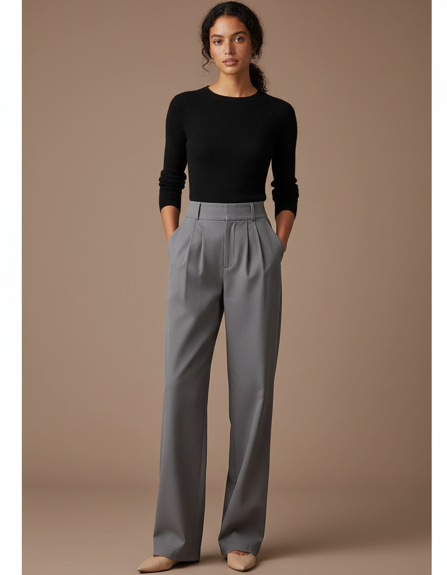 Pantalon Chino Gris Droit Taille Haute Élégant - Polyester