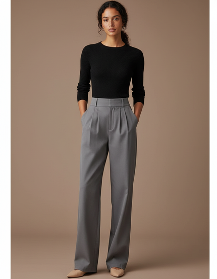 Pantalon Chino Gris Droit Taille Haute Élégant - Polyester