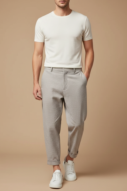 Pantalon Chino Gris Rayé Décontracté Ample Coton Homme