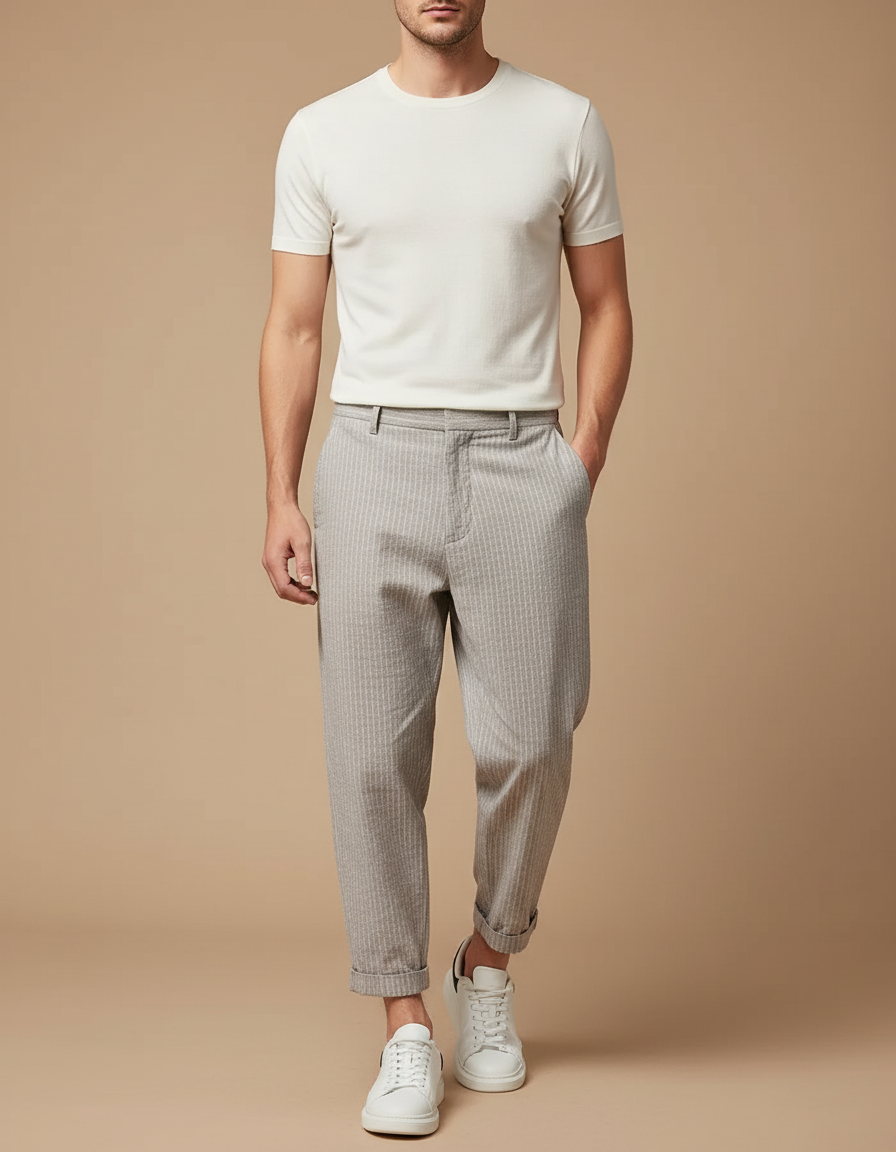 Pantalon Chino Gris Rayé Décontracté Ample Coton Homme