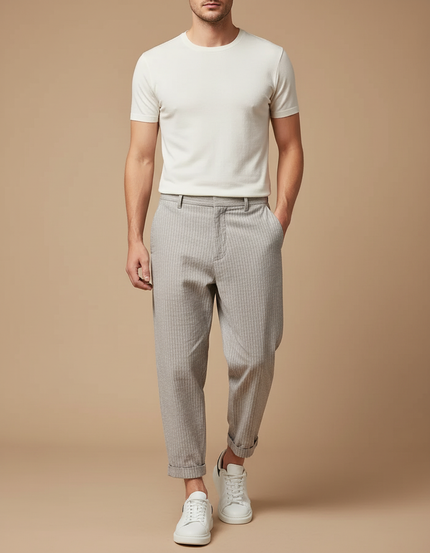 Pantalon Chino Gris Rayé Décontracté Ample Coton Homme