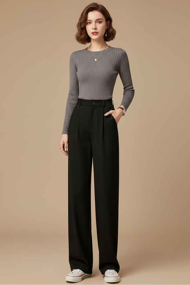 Pantalon Chino Noir Taille Haute Droit Élégant Femme - Polyester