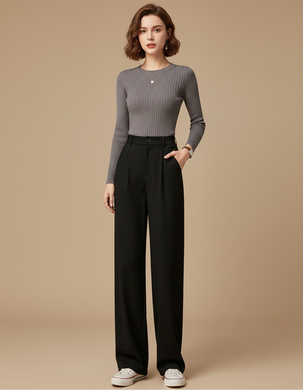 Pantalon Chino Noir Taille Haute Droit Élégant Femme - Polyester