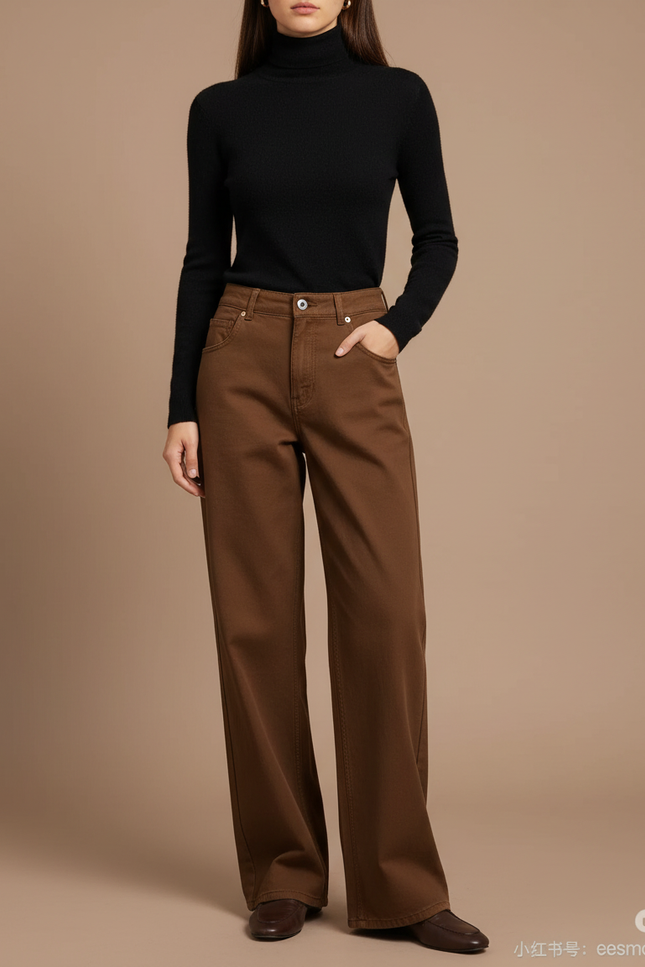 Pantalon Chino Marron Ample Taille Haute Femme - Gabardine