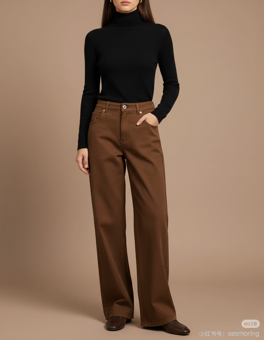 Pantalon Chino Marron Ample Taille Haute Femme - Gabardine