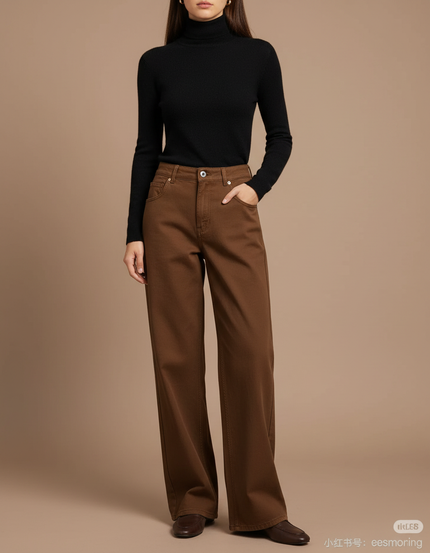 Pantalon Chino Marron Ample Taille Haute Femme - Gabardine