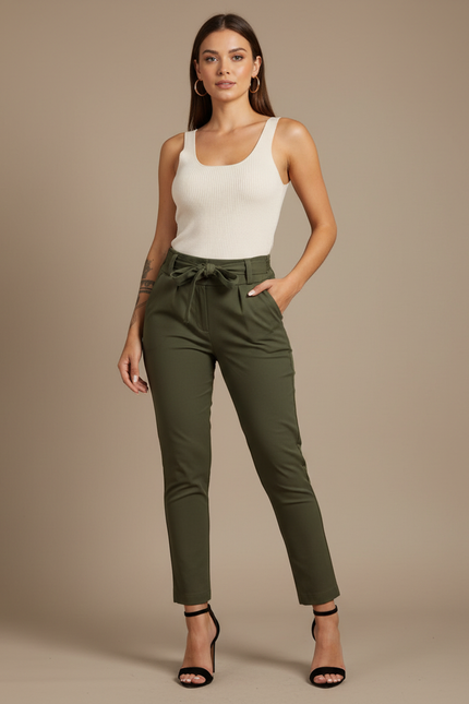 Pantalon Chino Kaki Taille Haute Femme Cordon - Gabardine